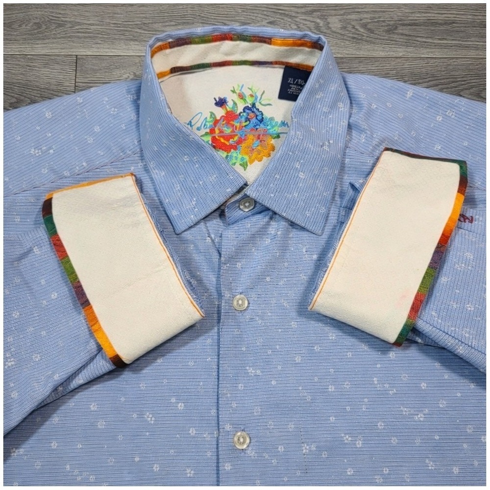 Robert Graham Mens XL Blue Print Flip Cuff Silk Trim Embroidered Shirt L/S